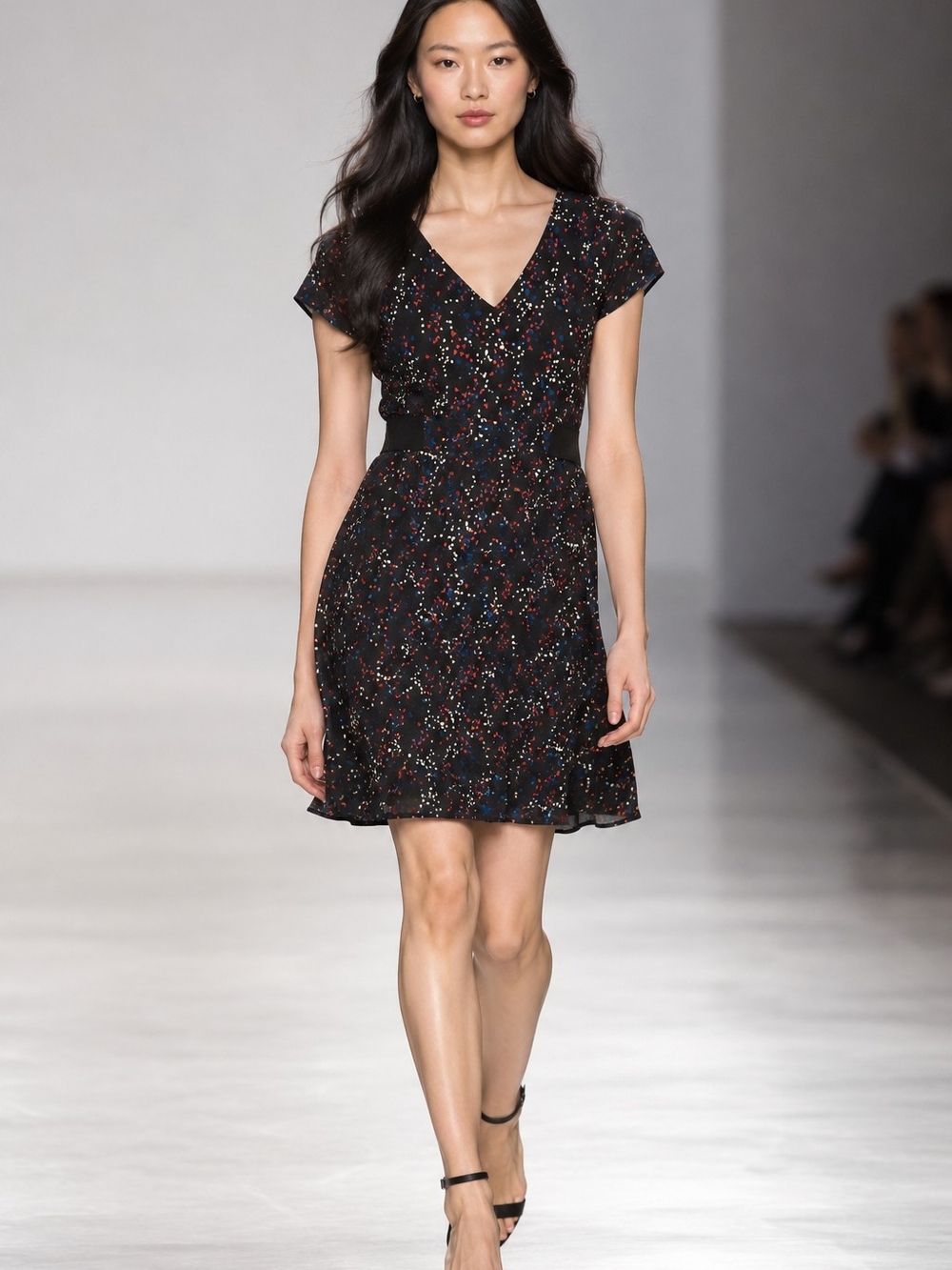 V-Neck Black With Multicolor Print Cap-Sleeve Mini Dress
